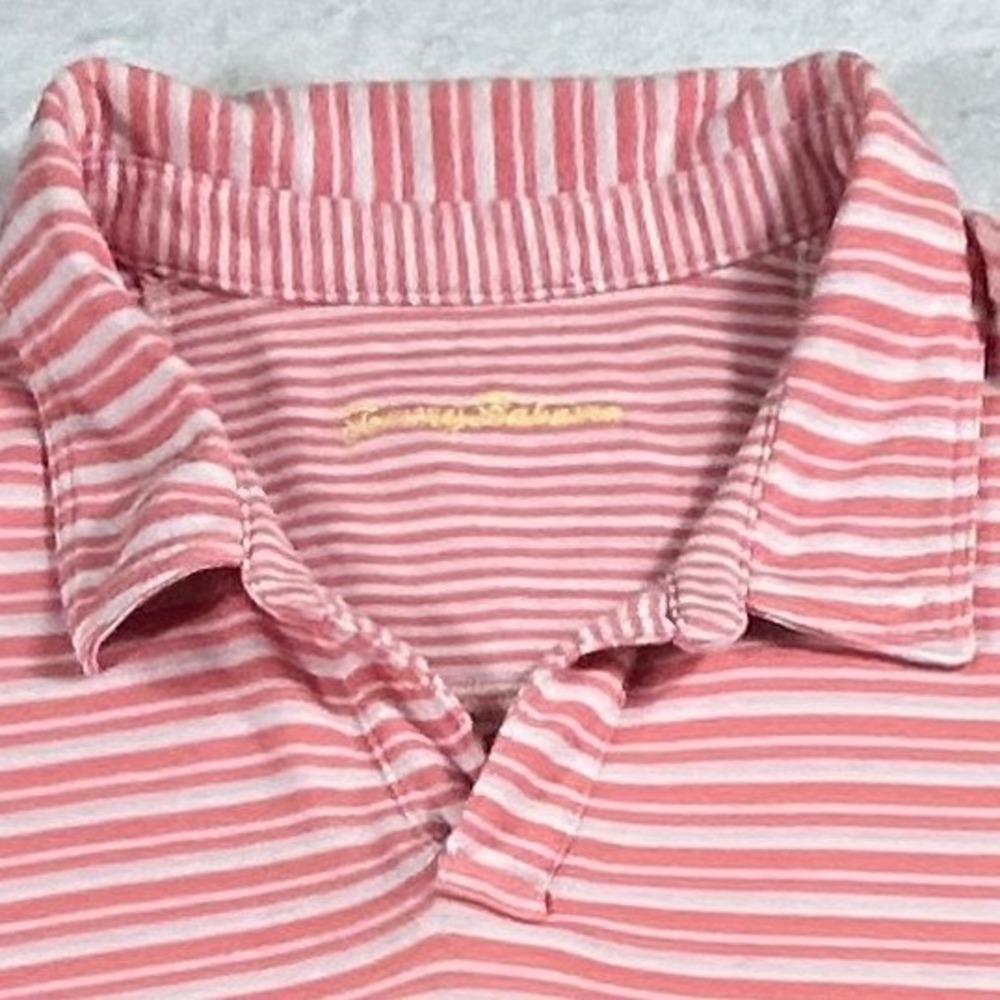Tommy Bahama Mens Coral Pink White Striped Short Sleeve Polo Shirt Marlin Logo